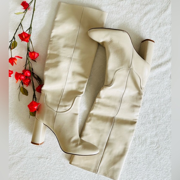 Zara | Leather Cream Knee Height Boots - Picture 5 of 14